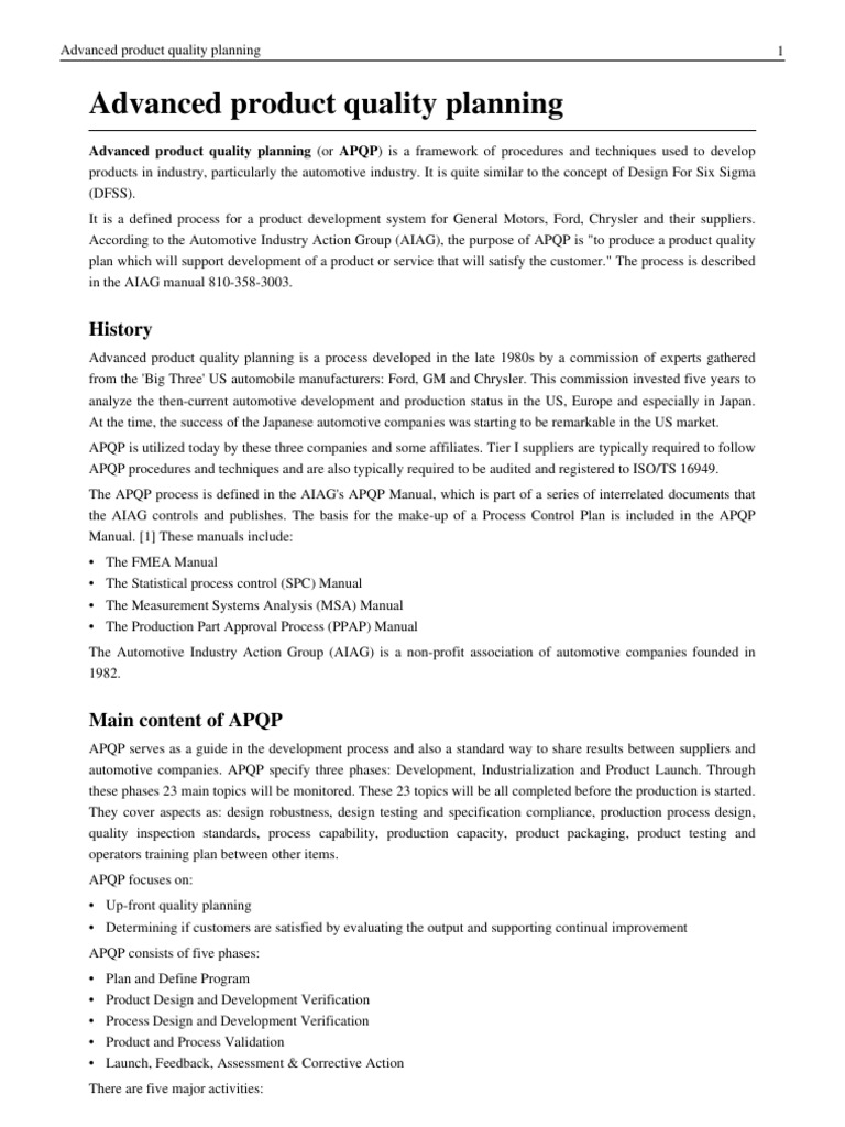 Advanced Product Quality Planning History PDF Industries
