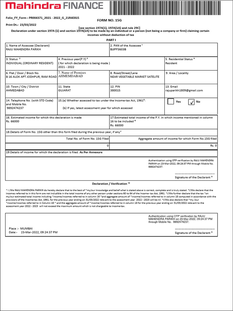 Form 15G Income Tax Declaration 2022 | PDF | Income Tax | Payments