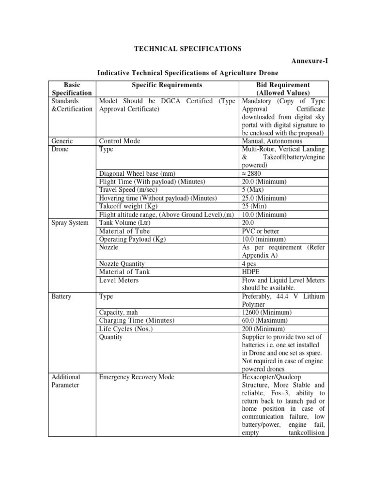 Agriculture Drone Technical Specifications | PDF