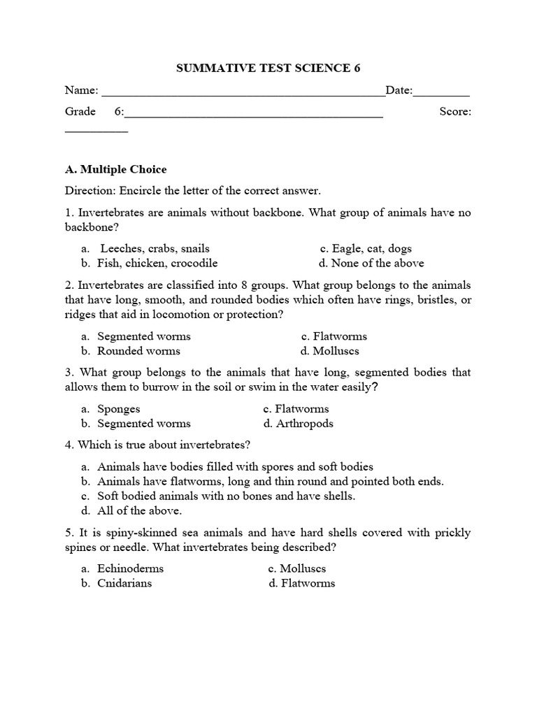 Grade 6 Science Summative Test: Invertebrates | PDF