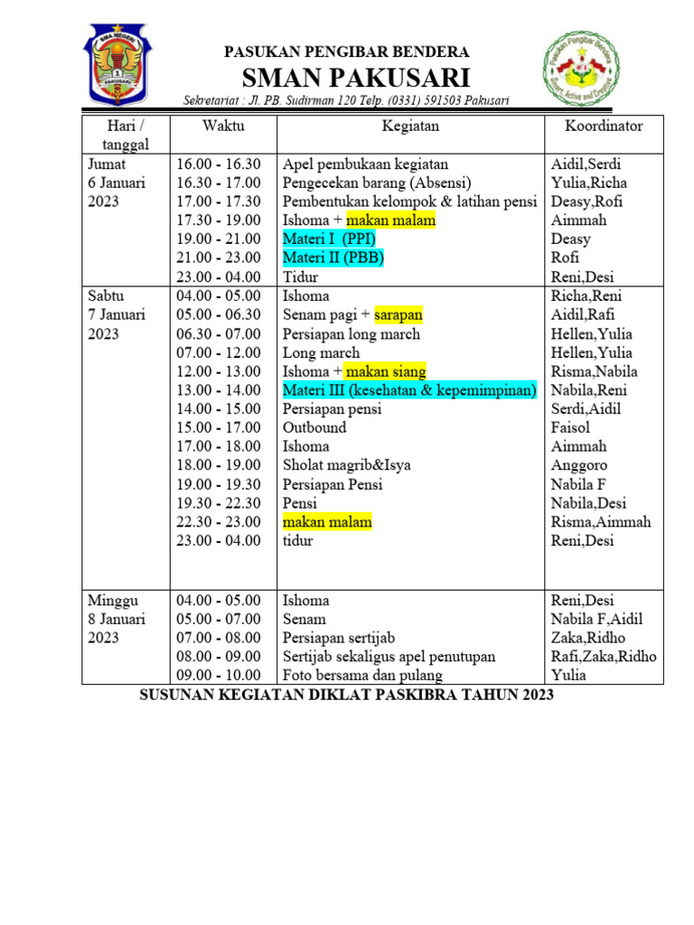 Susunan Kegiatan Diklat Paskibra | PDF