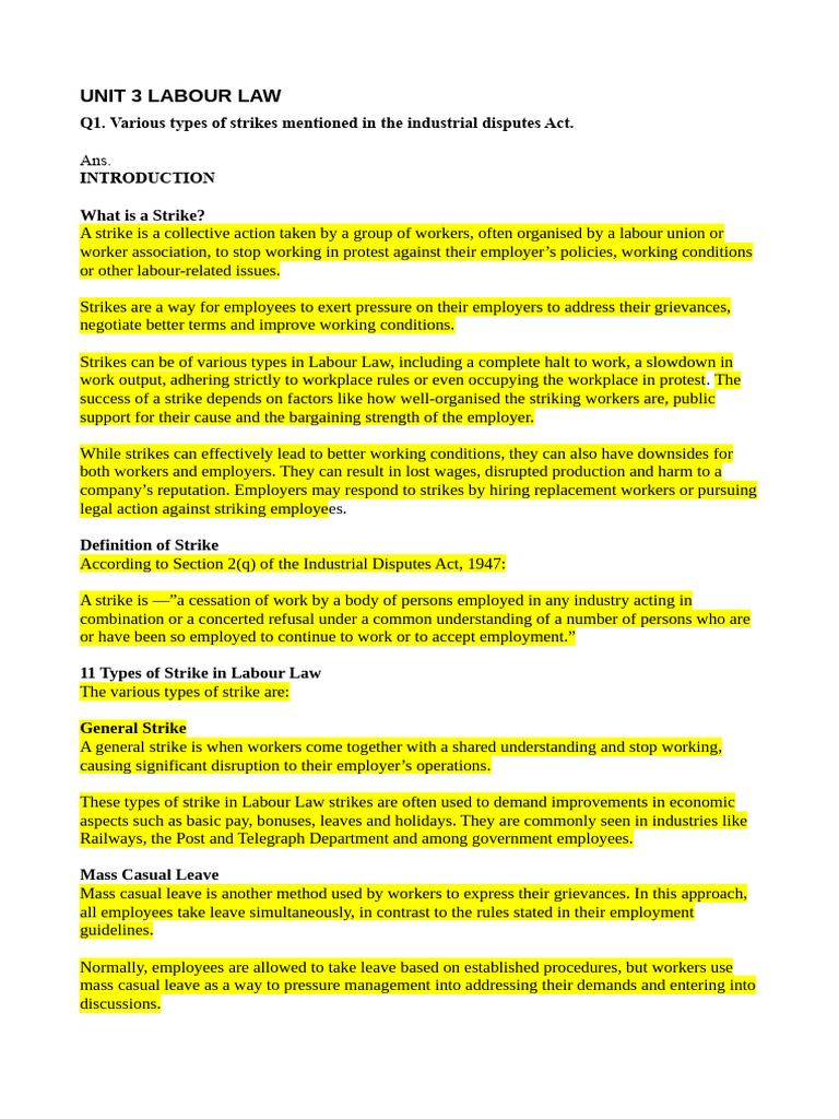 Unit 3 Labourlaw Pdf Strike Action Employment