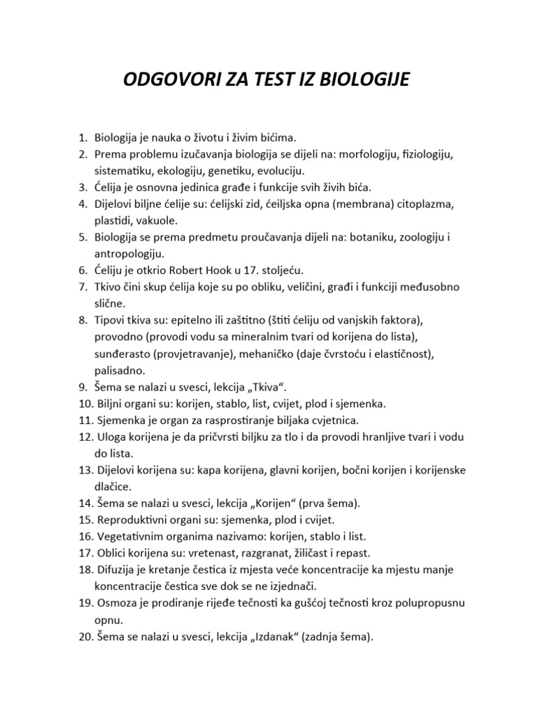 Odgovori Za Test Iz Biologije | PDF