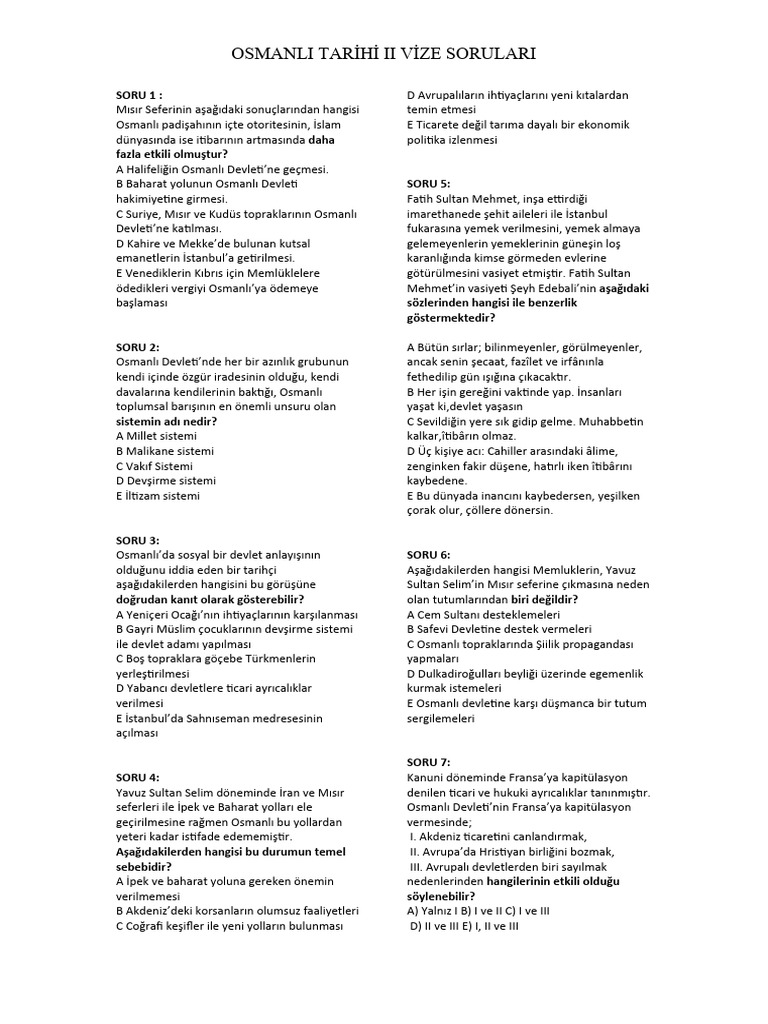 Osmanlı Tarihi II Vize Soruları | PDF