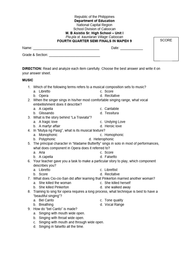 Q4 ASSESSMENT - MAPEH 9 - Test Questionnaire 1 | PDF | Violence ...