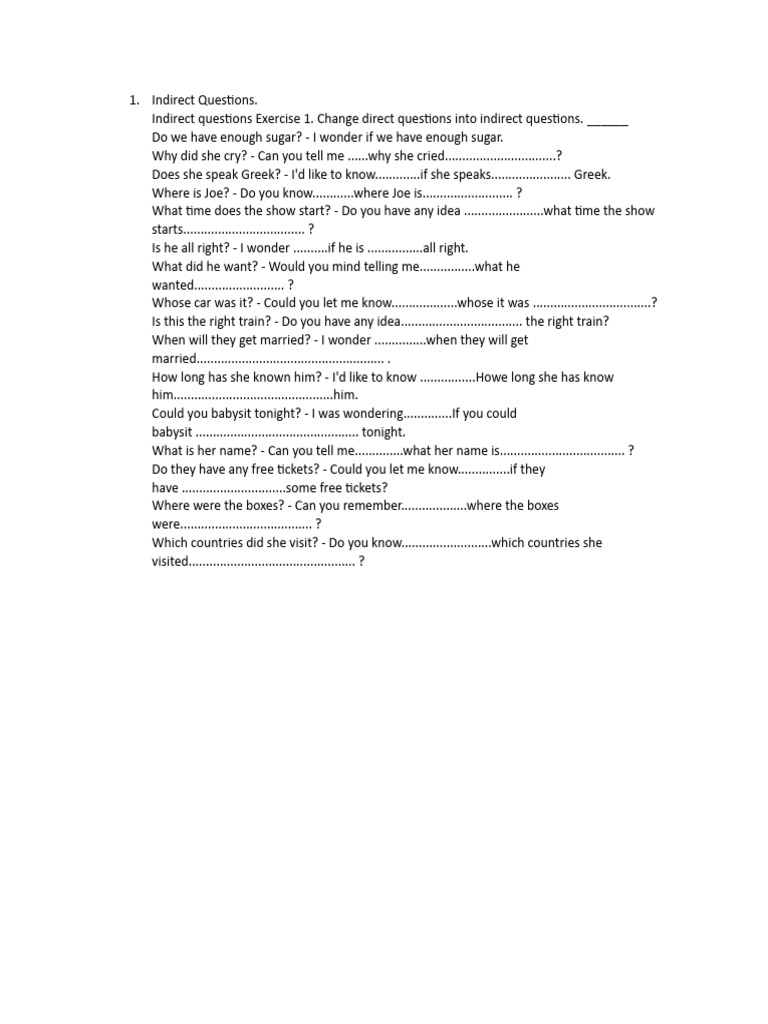 Indirect Questions Exercise Guide | PDF