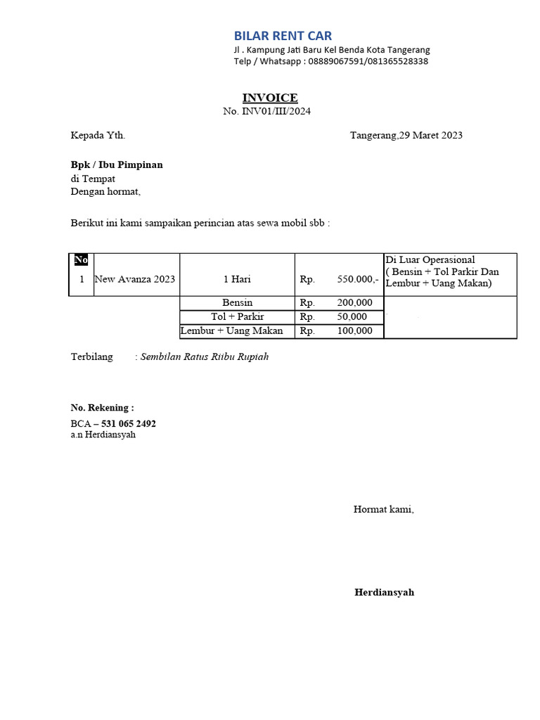 Invoice Sewa Mobil Bilar Rent Car | PDF