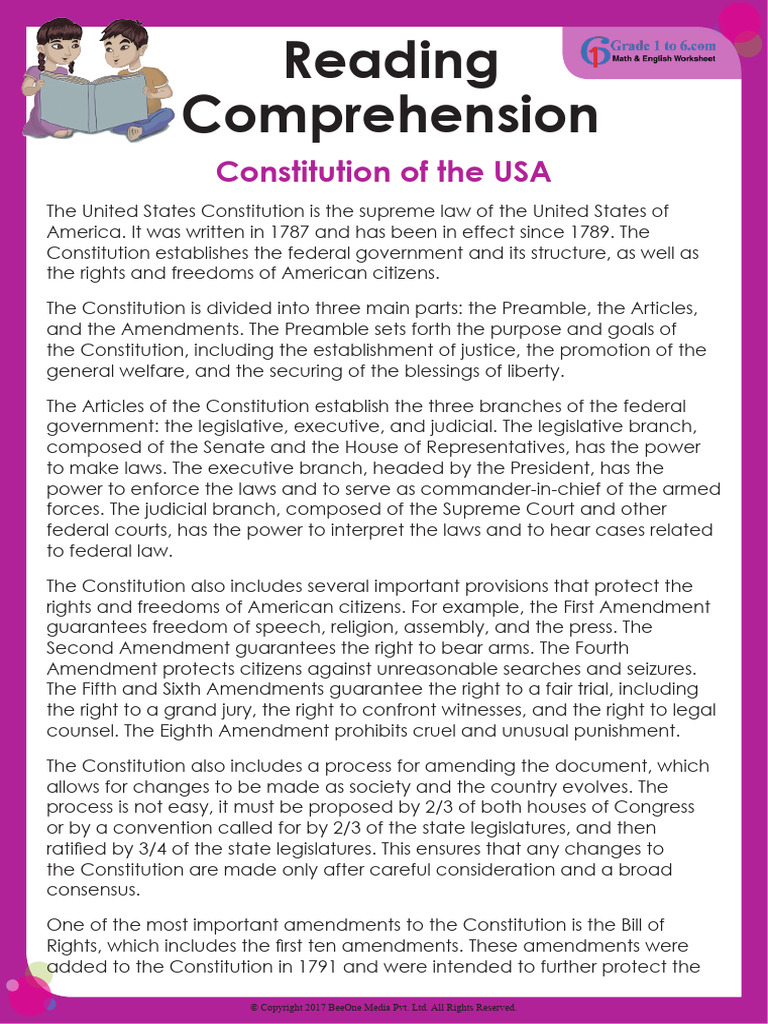 Reading Comprehension Constitution Of The Usa Pdf Second