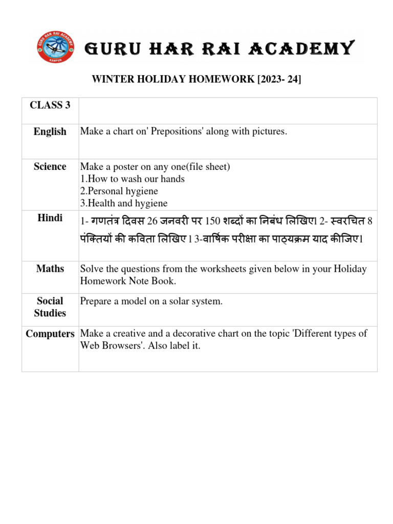 Class 3 Winter Holiday Homework 2023-24 | PDF