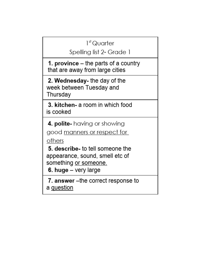 Grade 1 Spelling List: 1st Quarter | PDF