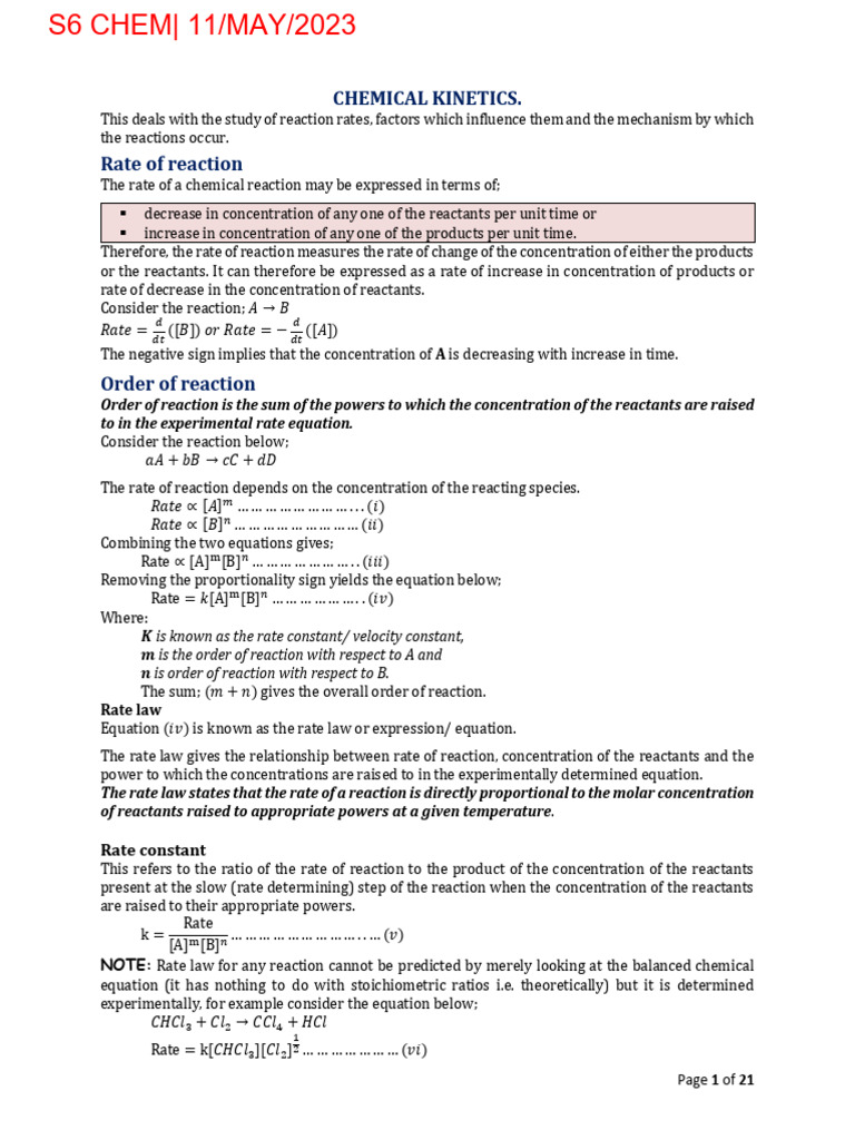 S6 CHEMISTRY (Chemical Kinetics) | Download Free PDF | Reaction Rate ...