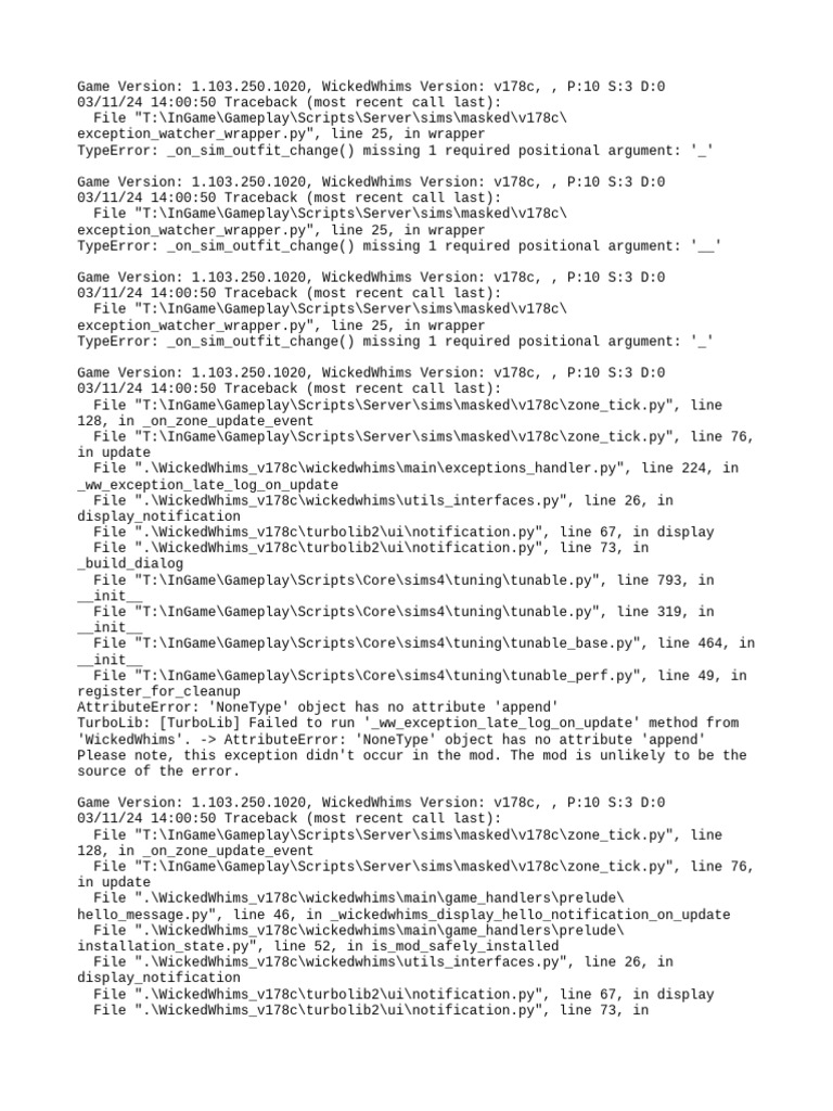 WickedWhims v178c Error Log | PDF | Computing | Software