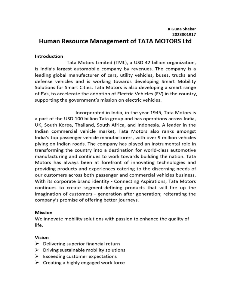 Tata Motors HR Management Overview | PDF | Recruitment | Human Resource ...