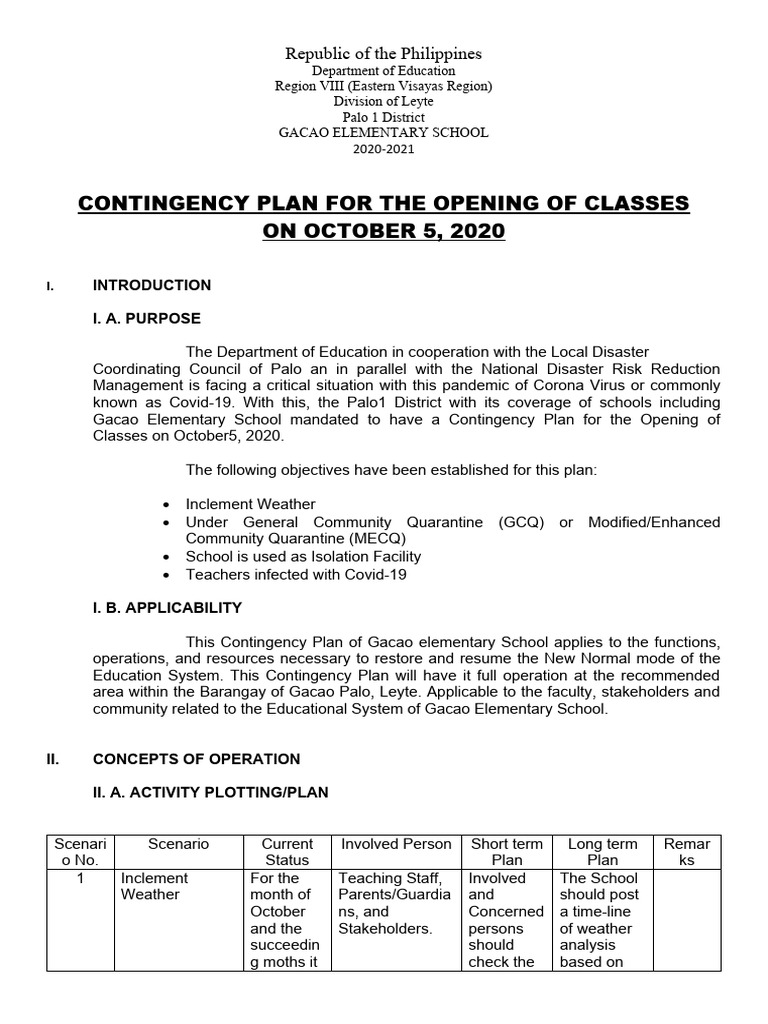 Gacao Elementary School Contingency Plan | PDF | Global Health ...