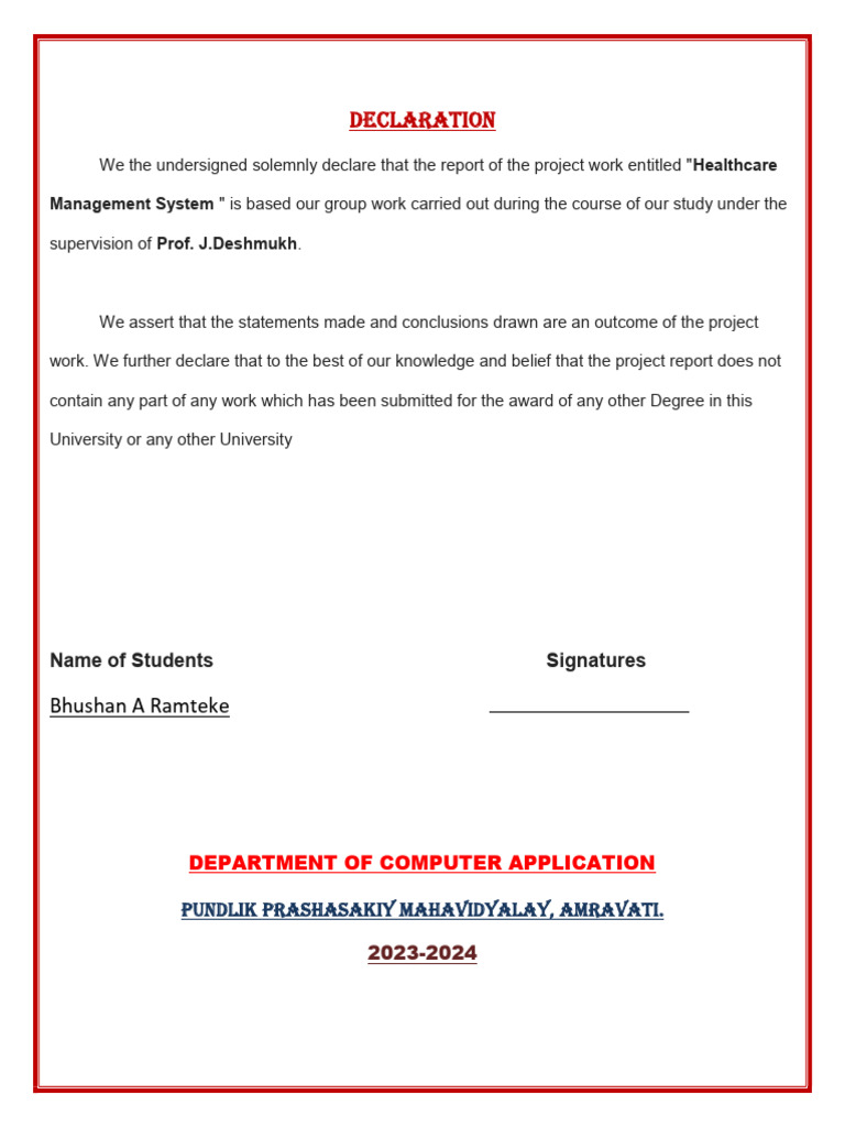 Healthcare Management System Declaration | PDF