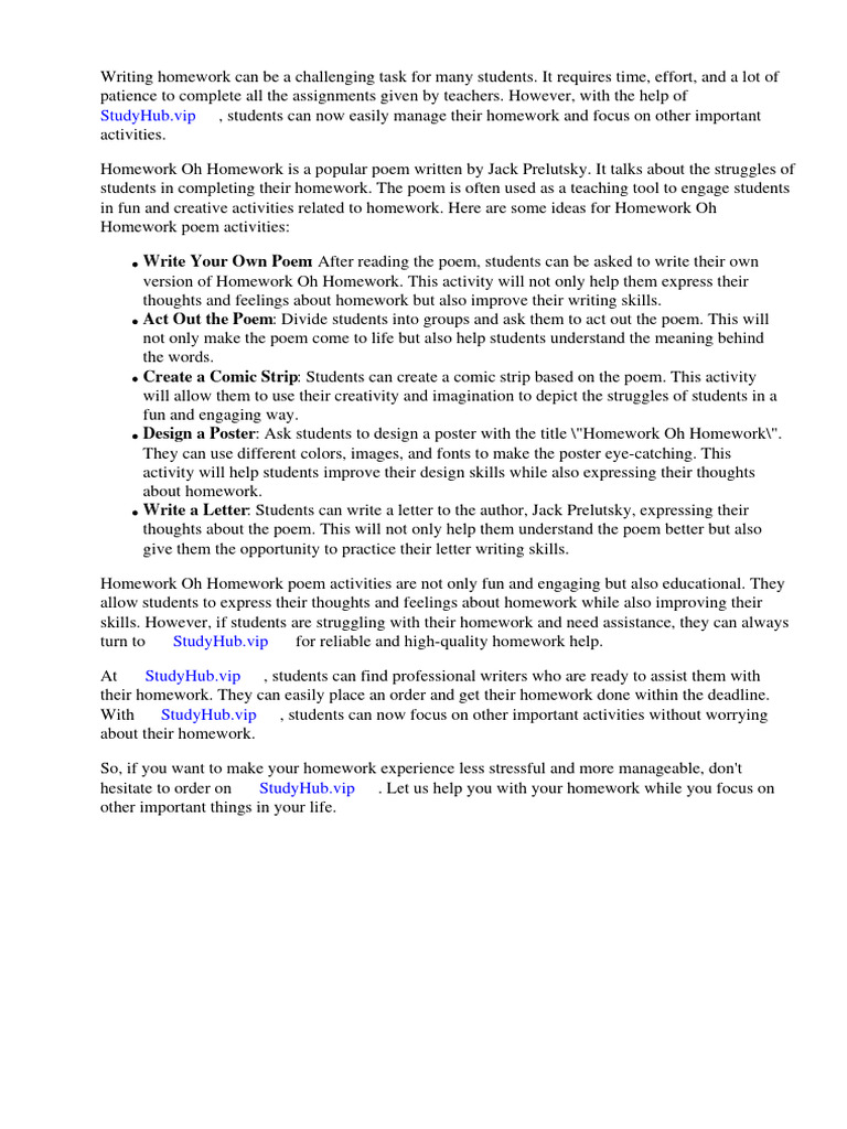 Homework oh homework poem activities pdf poetry information