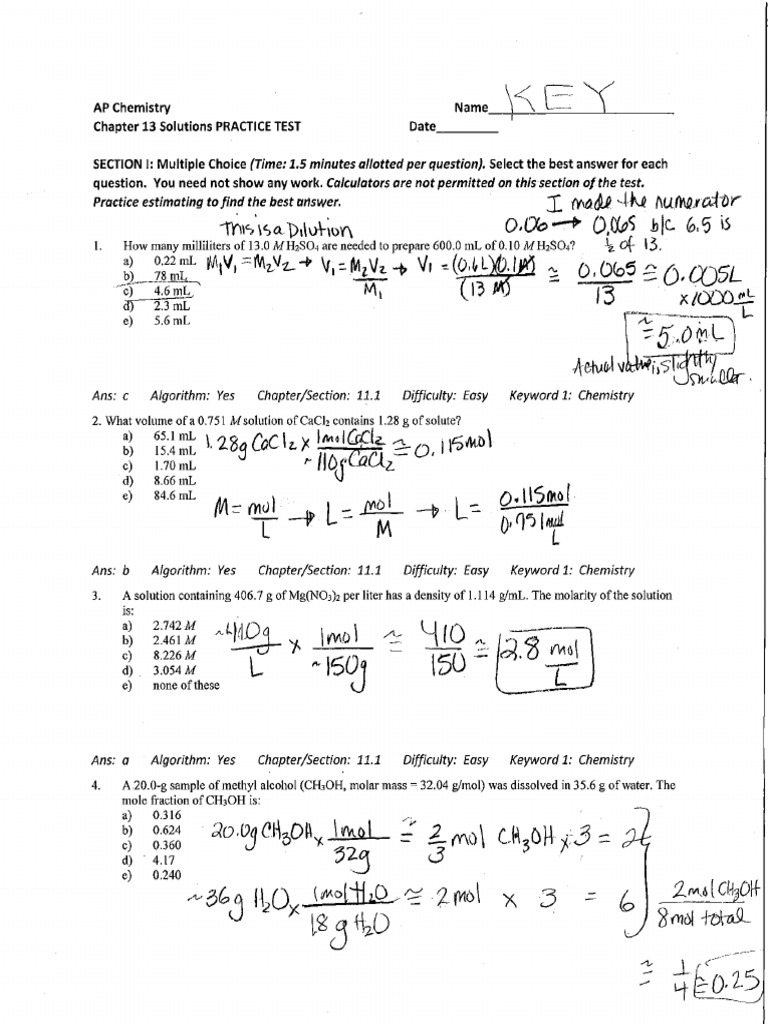 Chapter 13 Solutions PTest KEY | PDF