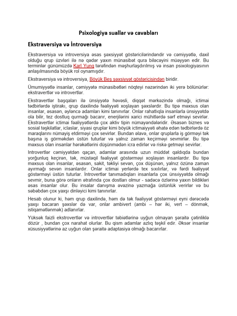 Psixologiya Suallar VƏ Cavabları | PDF