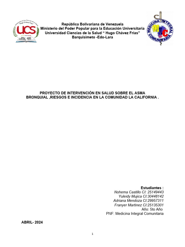 Proyecto de Intervencion en Salud, Estudiantes Lara Quinto Año Mic Ucs ...