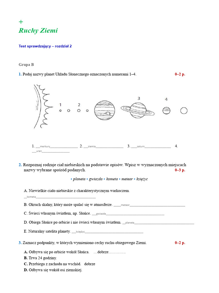 Przyroda Klasa 6 Krajobrazy Ziemi Sprawdzian Lena Krawczynska Test Sprawdzajacy Z Rozdzialu II Ruchy Ziemi Grupa B | PDF