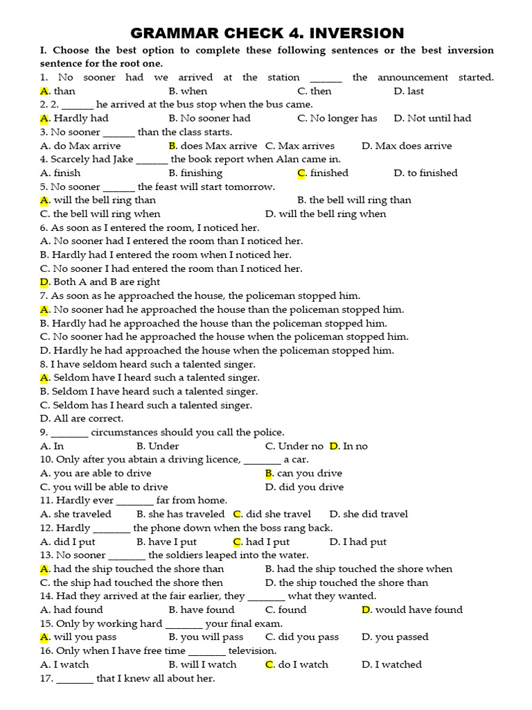 Inversion Grammar Exercises | PDF | Language Arts & Discipline