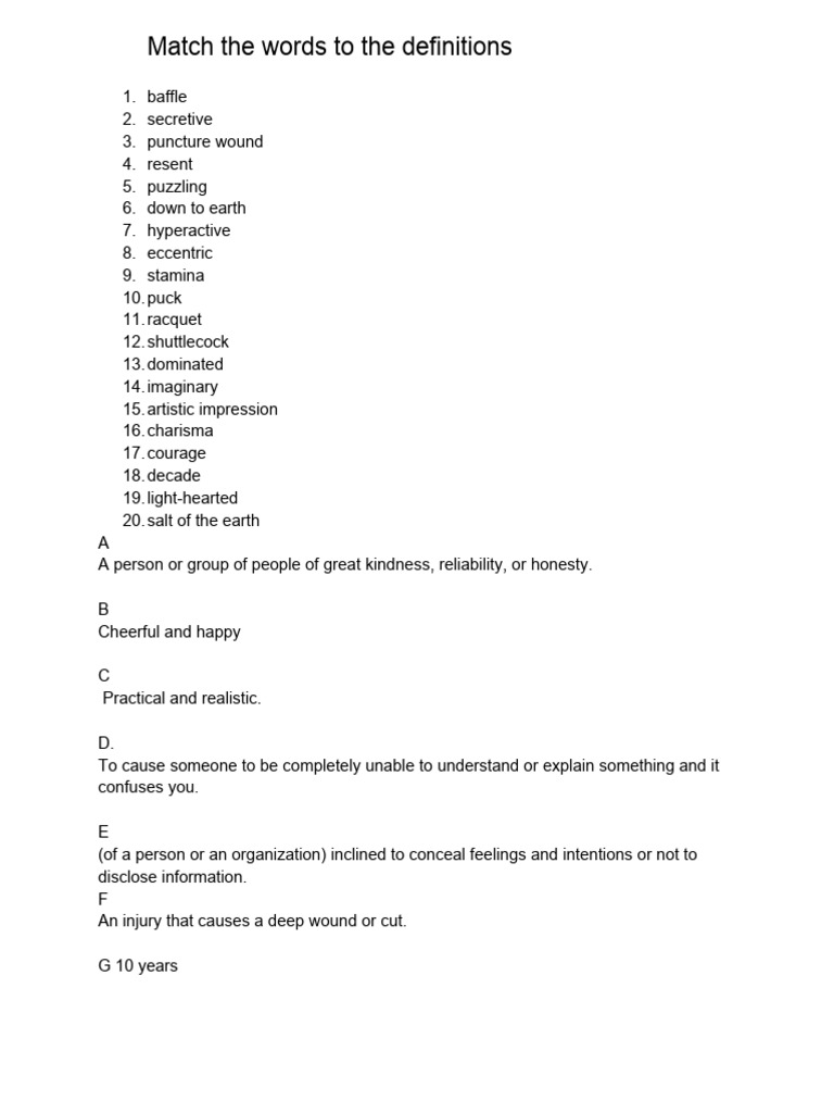 Word Definitions Matching Exercise | PDF