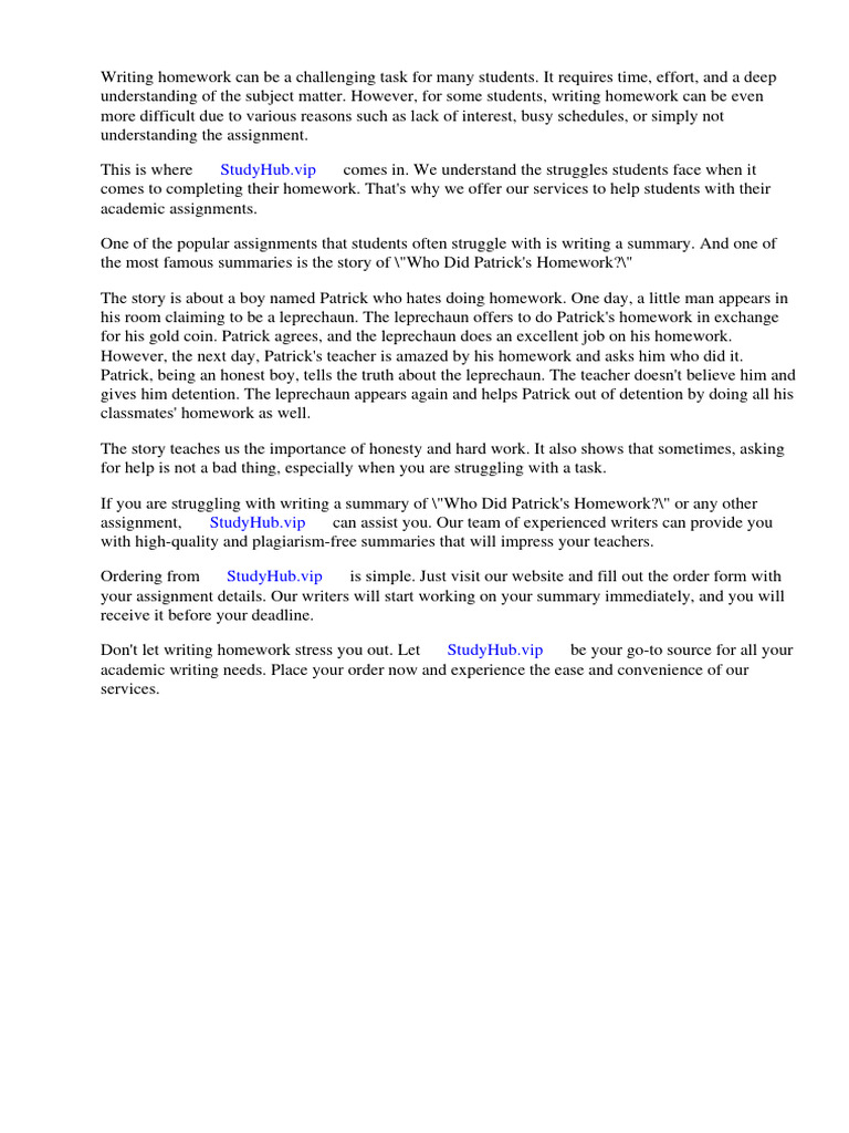 Who Did Patricks Homework Summary PDF Homework