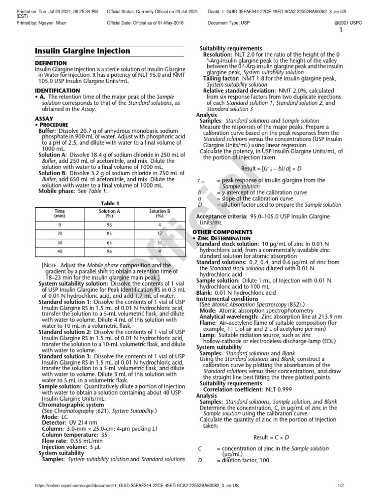 Insulin Glargine Injection Assay Protocol | PDF | Absorption ...