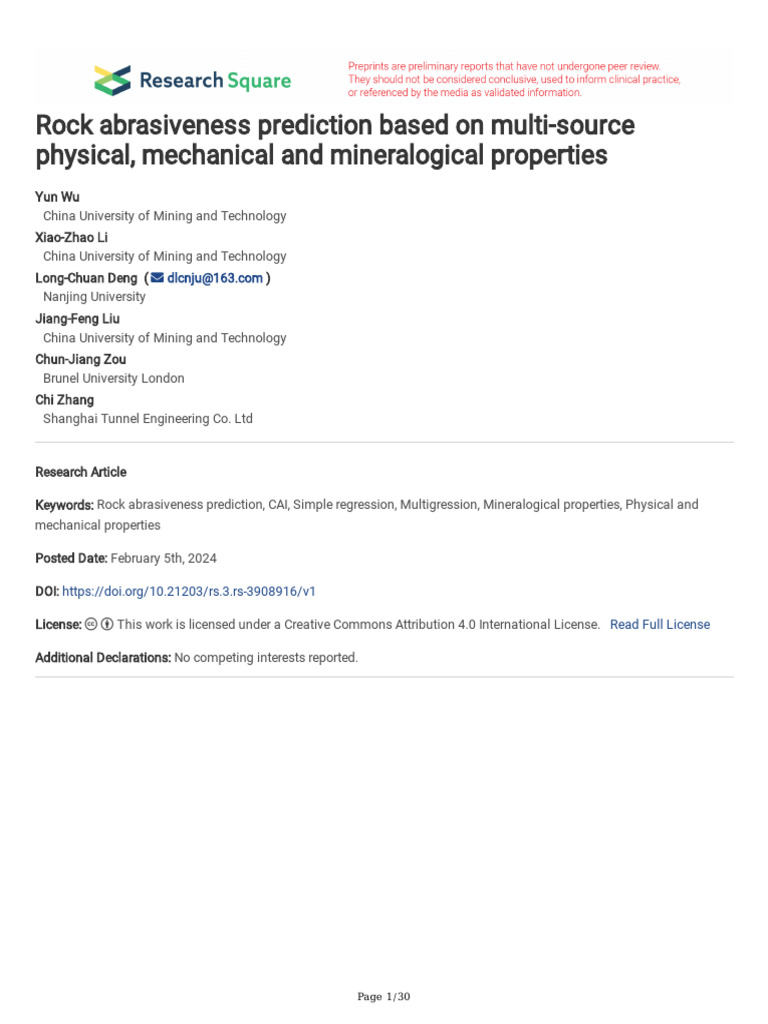 Rock Abrasiveness Prediction Models | PDF | Rock (Geology) | Wear