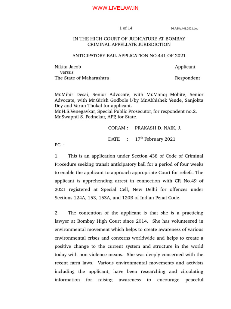 bombayhighcourtnikitajacobtransitbailorder389481 PDF Bail