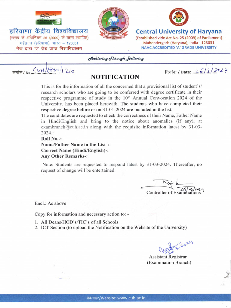 0notification Regarding Correctness Of Details For Tenth Convocation