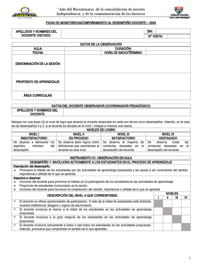 Monitoreo del Desempeño Docente 2024 | PDF | Aprendizaje | Creatividad
