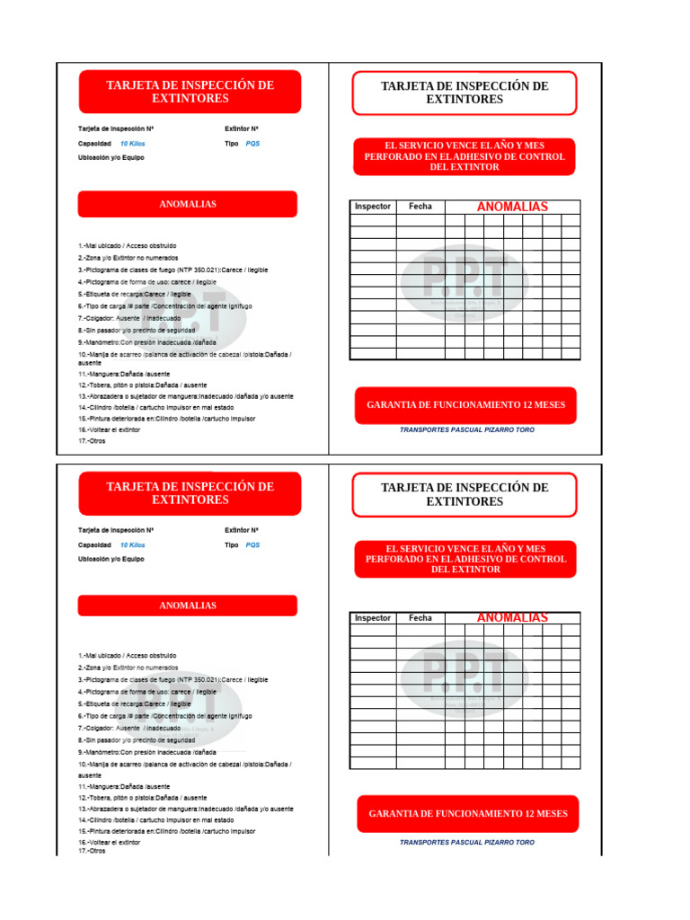 Tarjeta de Inspección de Extintores | PDF | Armas de fuego | Armas de ...
