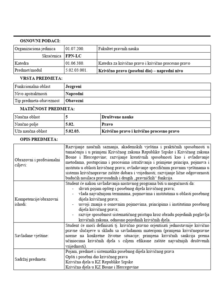 Krivično Pravo Posebni Dio Napredni Nivo | PDF