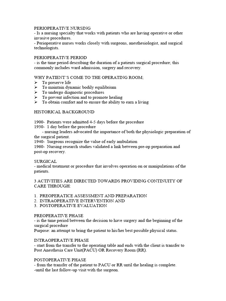 Overview of Perioperative Nursing | PDF | Surgery | Anesthesia