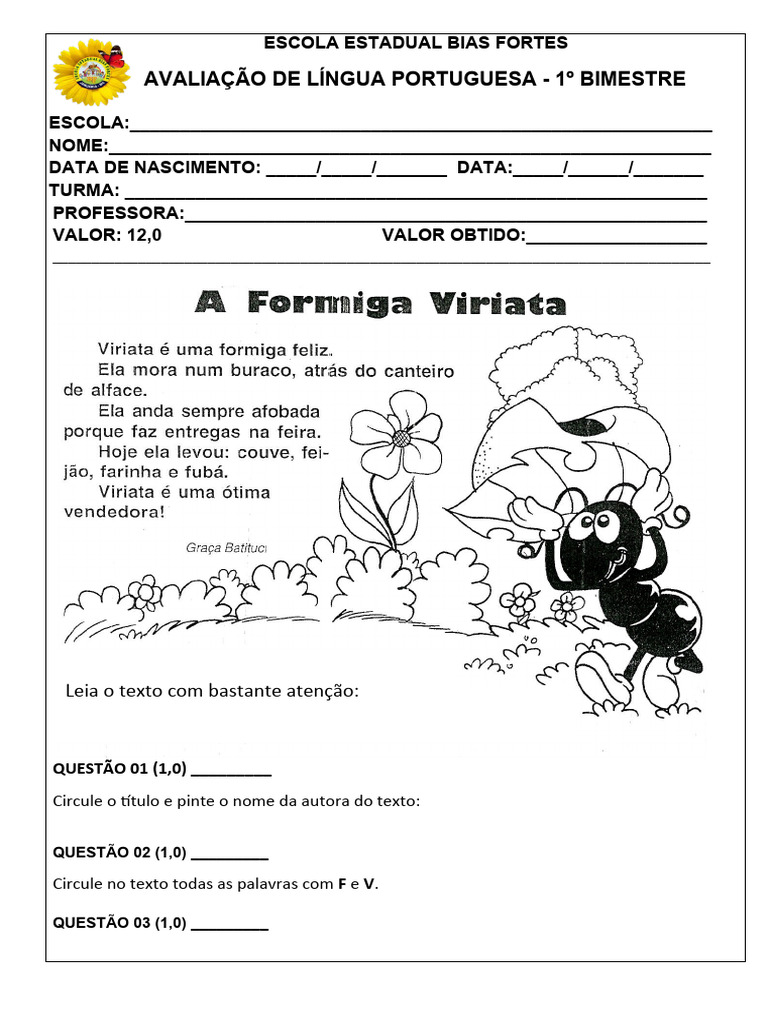 Avaliação de Língua Portuguesa 1º Bimestre | PDF | Carreira e ...