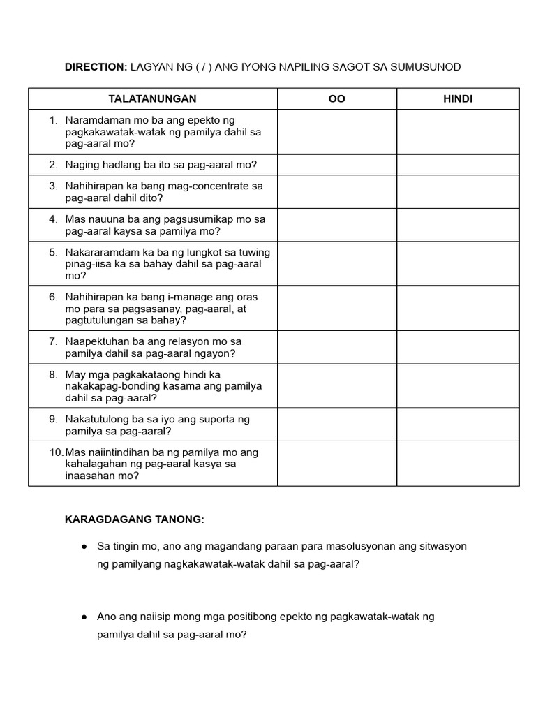 survey questionnaire | PDF