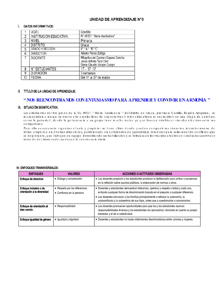 6° Grado - Unidad de Aprendizaje N°00 | PDF | Decimal | División ...