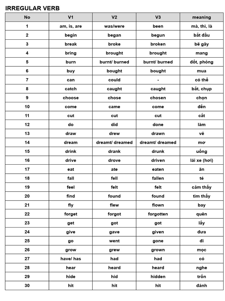 Irregular Verbs List and Meanings | PDF