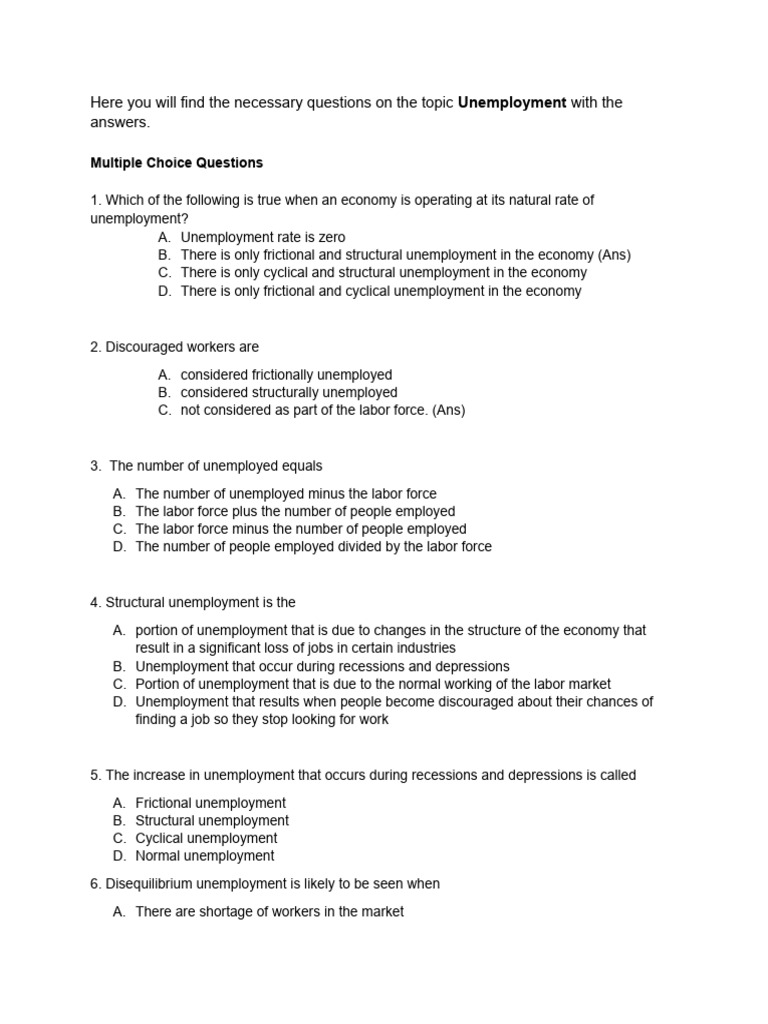 Unemployment Quiz: MCQs and Solutions | PDF | Unemployment | Labour ...