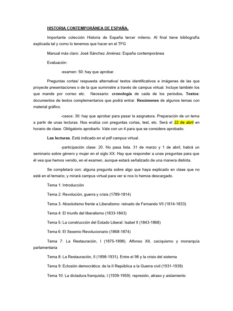 Historia Contemporánea de España | PDF | España