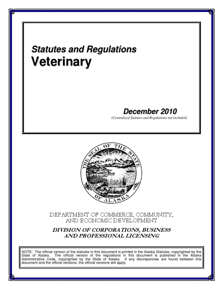 Alaska Board of Veterinary Examiners Statutes and Regulations PDF