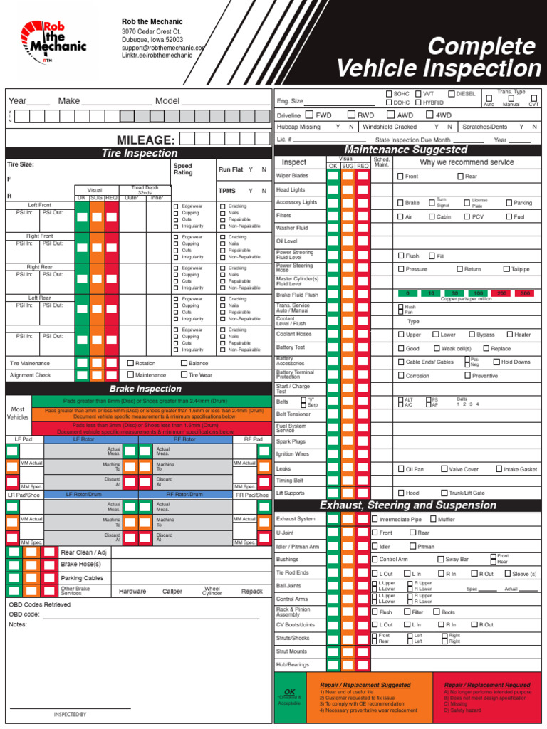 Comprehensive Vehicle Inspection Checklist | PDF | Steering ...