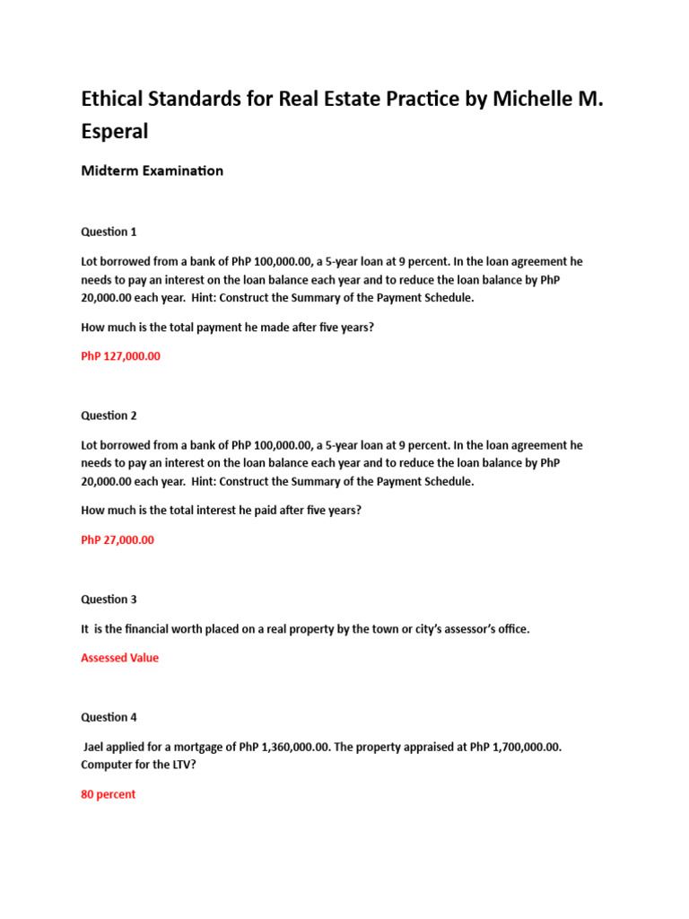 Ethical Standards For Real Estate Practice Midterm Exam PDF Loans