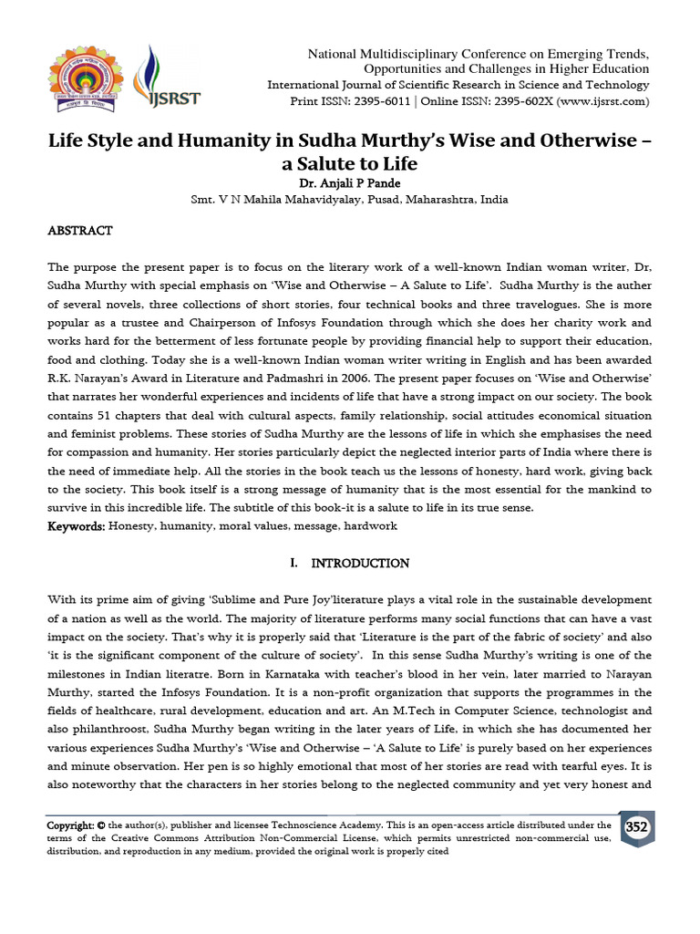 Life style and humanity in sudha murthy s wise and otherwise a salute