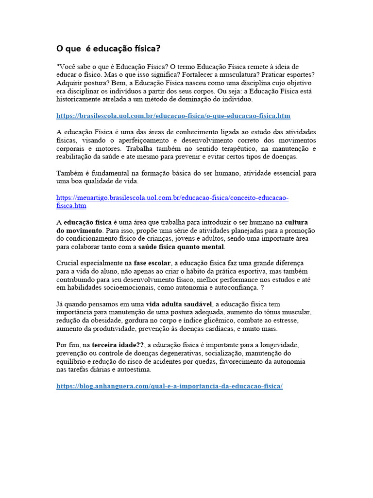 O que é Educação Física e sua Importância | PDF | Educação Física ...