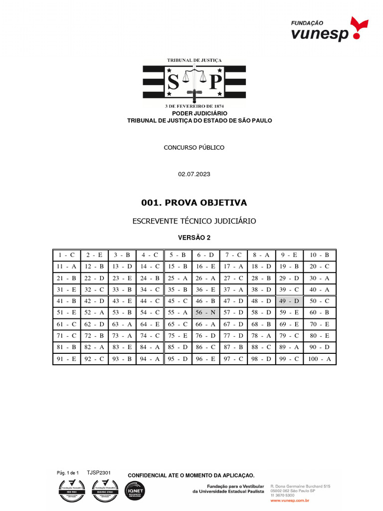 Gabarito Prova Escrevente TJSP 2023 | PDF