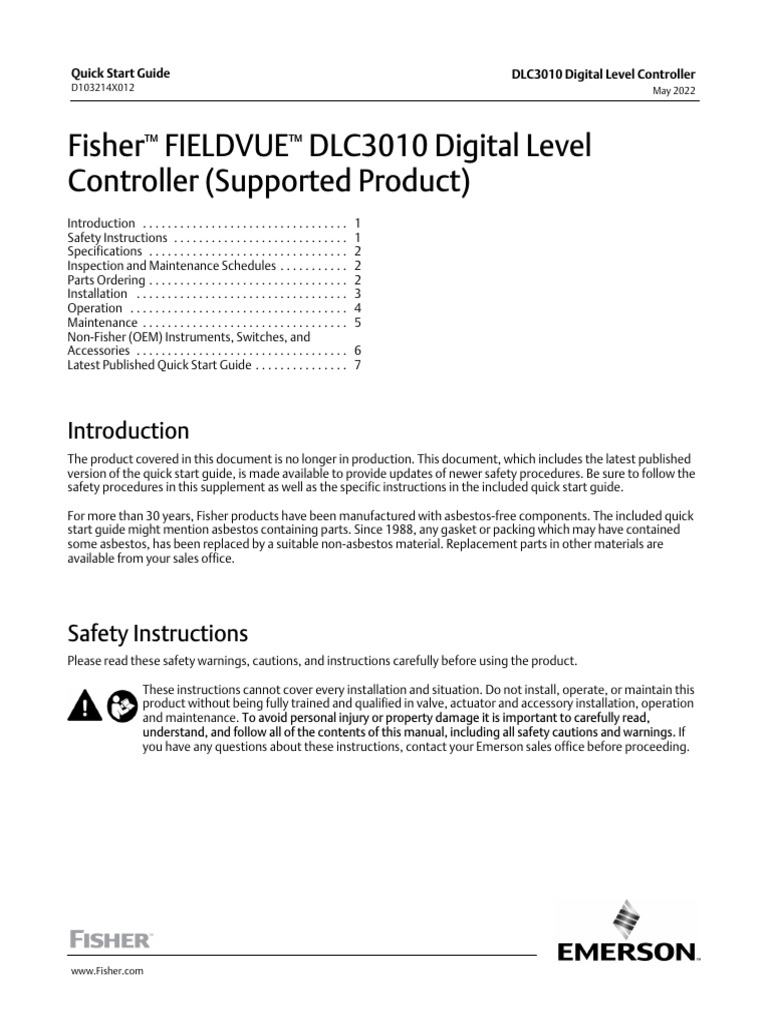 Quick start guide fieldvue dlc3010 digital level controller supported