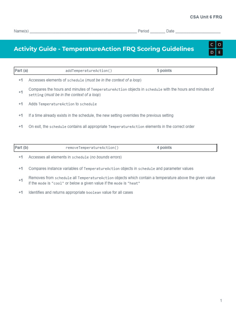 CSA Unit 6 TemperatureAction FRQ Scoring Guidelines PDF