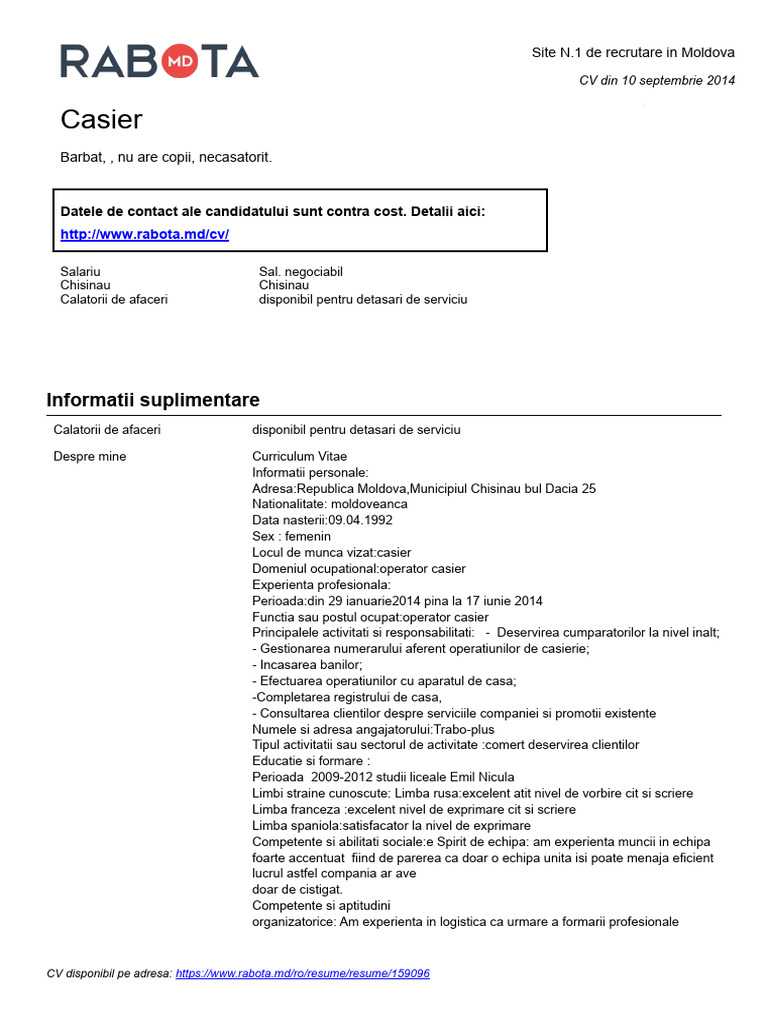 Rabota - MD CV 159096 | PDF